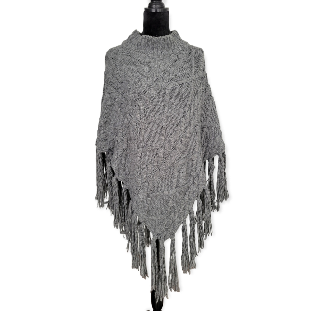 Fringed Cable Knit Mock Neck Sweater Poncho